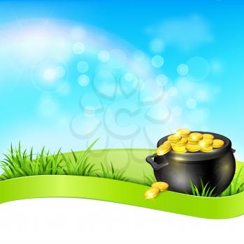Festive background with pot of gold in a green grass. Design for St. Patrick's Day. Vector illustration