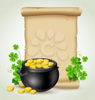 Background with old scroll, pot of gold and clover leaves. Design for St. Patrick's Day. Vector illustration