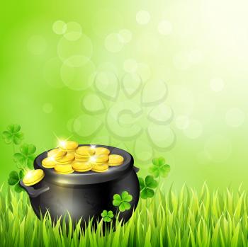 Pot of gold and clover leaves on a green background. Design for St. Patrick's Day. Vector illustration
