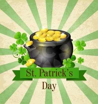 Vintage background with pot of gold and clover leaves. Design for St. Patrick's Day. Vector illustration