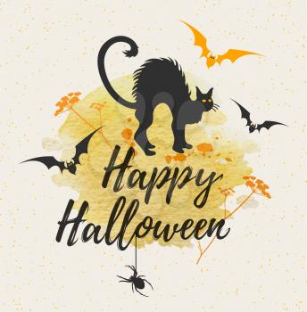 Halloween greeting card with black cat and yellow watercolor texture