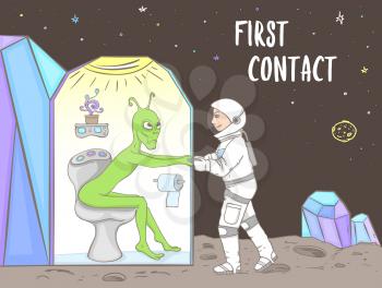 Green alien sitting on the toilet and astronaut breaking the door on an unknown planet. Stupid situation during first contact with other alien civilizations. Hand drawn vector illustration.