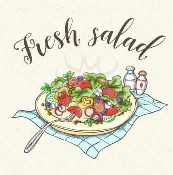 Vintage background with fresh vegetable salad on a plate. Hand drawn vector illustration.