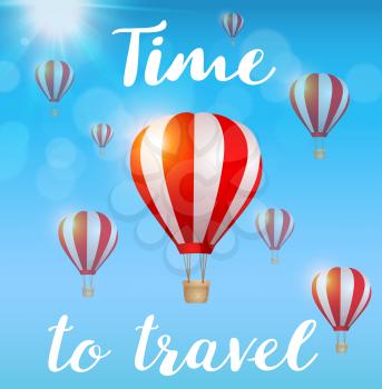 Red air balloons flying in the blue sky and lettering. Travel concept. Vector illustration.