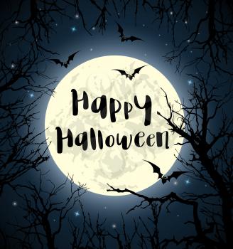 Halloween greeting card with full moon, bats and tree. Vector illustration