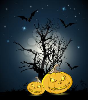 Orange pumpkins and silhouette of tree on a black background. Halloween greeting card.