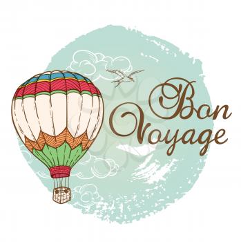 Travel background with air balloon and cloud. Hand drawn vector illustration.