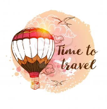 Travel background with air balloon and cloud. Time to travel lettering. Hand drawn vector illustration.