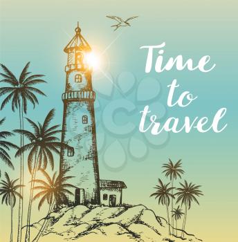 Vintage vector travel background with lighthouse and palms. Time to travel lettering