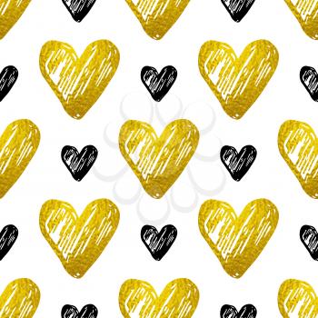 Decorative festive seamless pattern with golden and black hearts on a white background. Vector background for Valentine's day