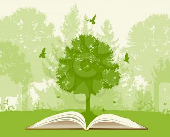 Open book with green tree and birds. Ecology concept.