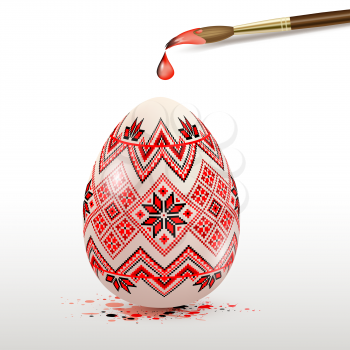Hand painted decorative Easter egg and paintbrush. Ukrainian traditional folk painting art style. Realistic vector illustration.