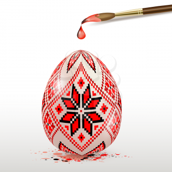 Hand painted red decorative Easter egg and paintbrush. Ukrainian traditional folk painting art style. Realistic vector illustration.