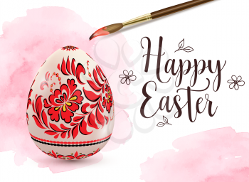 Hand painted decorative Easter egg with red floral ornament and paintbrush. Ukrainian traditional folk painting art style. Realistic vector illustration. Happy Easter lettering