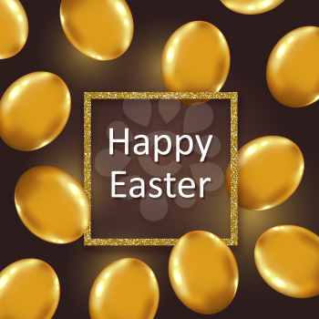 Decorative golden Easter eggs and golden glittering frame. Festive background. Vector illustration. Holiday greeting card.