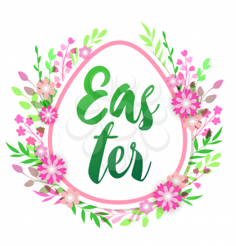 Decorative Easter egg, pink paper flowers and green leaves. Festive background. Vector illustration. Holiday greeting card.