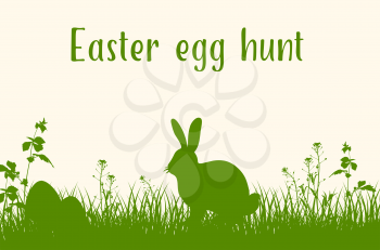Easter green background with silhouettes of rabbit, grass and eggs. Easter egg hunt. Vector illustration