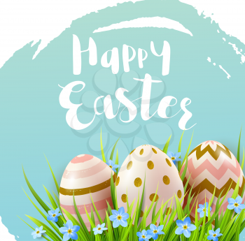 Decorative Easter eggs, blue spring flowers and green grass. Festive background. Vector illustration. Happy Easter lettering