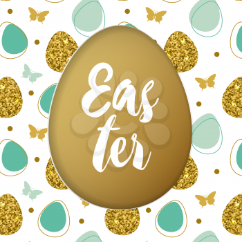 Decorative cut out of paper green Easter card with golden and green eggs on a white background. Vector illustration.