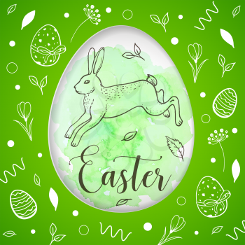 Decorative cut out of paper Easter card with rabbit on a green watercolor background. Vector illustration.