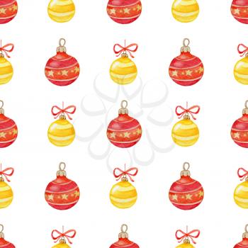 Decorative hand drawn watercolor Christmas seamless pattern with red and yellow decorations on a white background