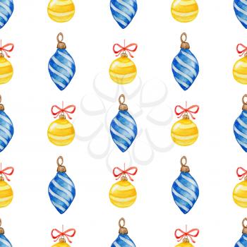 Decorative hand drawn watercolor Christmas seamless pattern with blue and yellow decorations on a white background