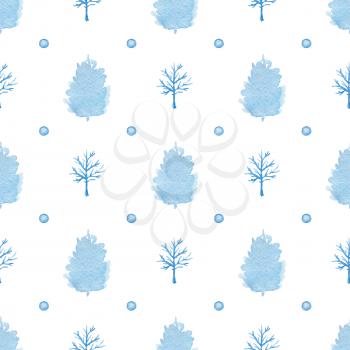 Decorative hand drawn watercolor seamless pattern with blue trees on a white background
