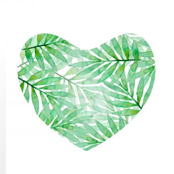 Heart of green watercolor palm branch on a white background. Hand drawn tropical background