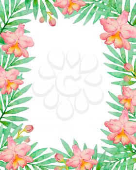 Floral frame with pink watercolor orchids and green palm branch. Hand drawn tropical background