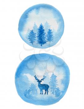 Decorative blue watercolor Christmas backgrounds with firs and deer