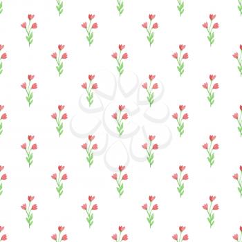 Watercolor floral seamless pattern with pink flowers and green leaves on a white background