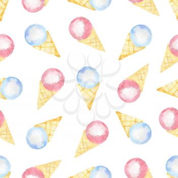 Watercolor seamless pattern with blue and pink ice cream in a waffle cone on a white background