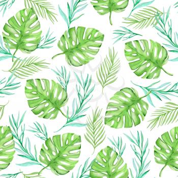 Watercolor floral summer tropical seamless pattern with green palm leaves on a white background