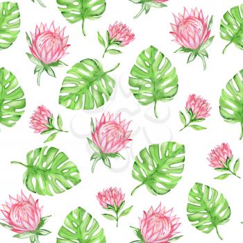 Watercolor seamless pattern with red tropical flowers and green palm leaves on a white background