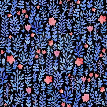 Watercolor floral seamless pattern with blue flowers and leaves on a black background