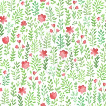Watercolor floral seamless pattern with green flowers and leaves on a white background