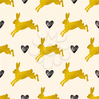 Golden Easter seamless pattern with rabbits and hearts. Vector illustration. Decorative festive background
