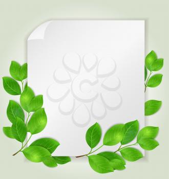 Decorative background with blank white paper and green leaves. Vector illustration