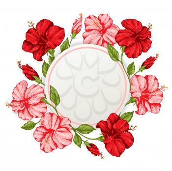 Tropical floral frame with pink and red hibiscus flowers. Hand drawn vector background. Vintage style.
