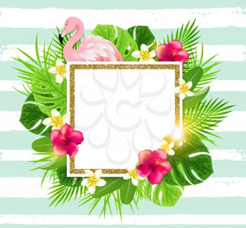 Summer golden frame with tropical flowers, palm leaves and pink flamingo on a green striped background