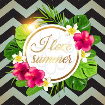 Tropical summer background with green palm leaves and pink flowers. Hand drawn vector illustration