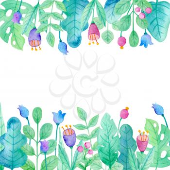 Watercolor floral background with blue and pink flowers and green leaves. 