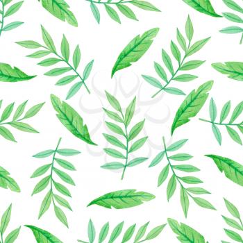 Watercolor seamless pattern with green branch and leaves on a white background. 