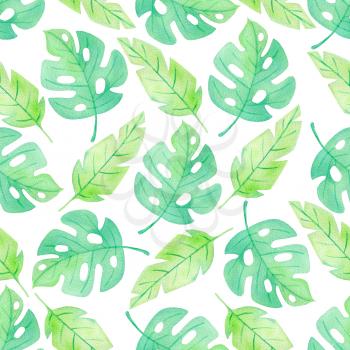 Watercolor summer tropical seamless pattern with green palm leaves on a white background. 