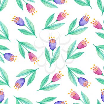 Watercolor floral seamless pattern with violet and pink flowers. Hand drawn nature background