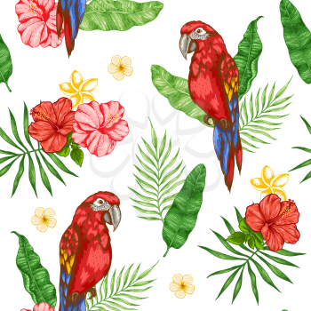 Tropical seamless pattern with green palm leaves, flowers and red parrot. Hand drawn vector background