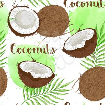 Seamless pattern with coconuts, palm leaves and green watercolor blots on a white background. Vector illustration