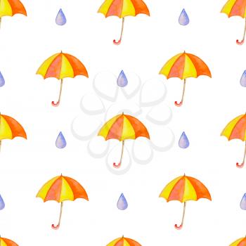 Watercolor autumn seamless pattern with orange umbrella and raindrops. Hand drawn background