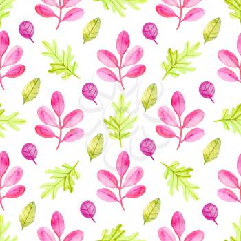 Watercolor autumn floral seamless pattern with red and green leaves. Hand drawn nature background