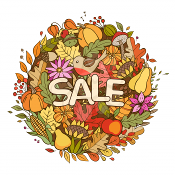 Hand drawn vector doodle autumn banner for seasonal sale. Autumn background with pumpkins, leaves and ripe fruits.